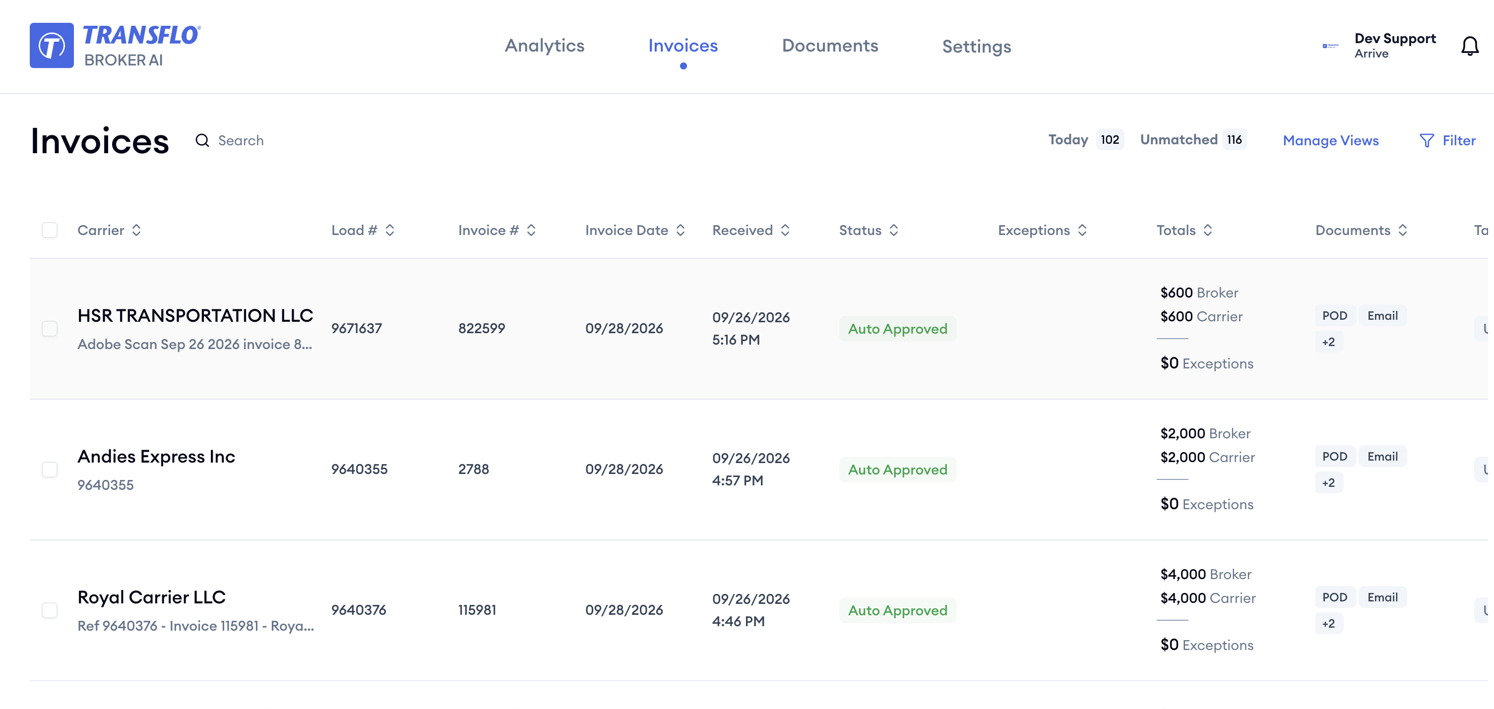 Transflo Workflow AI invoice dashboard showing carriers, invoice amounts, documents, and automatic approval status